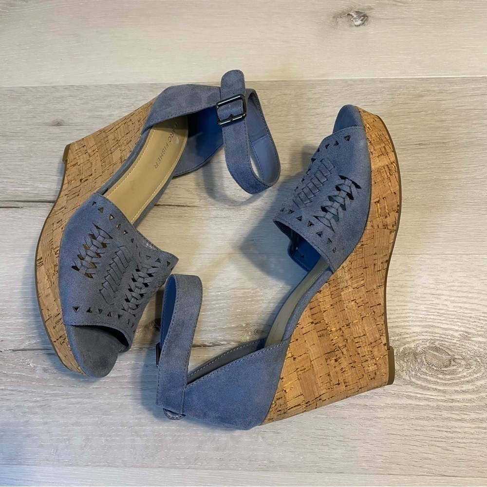 Marc Fisher Women's Batini Blue Wedge Woven Suede Sandal, Size 10